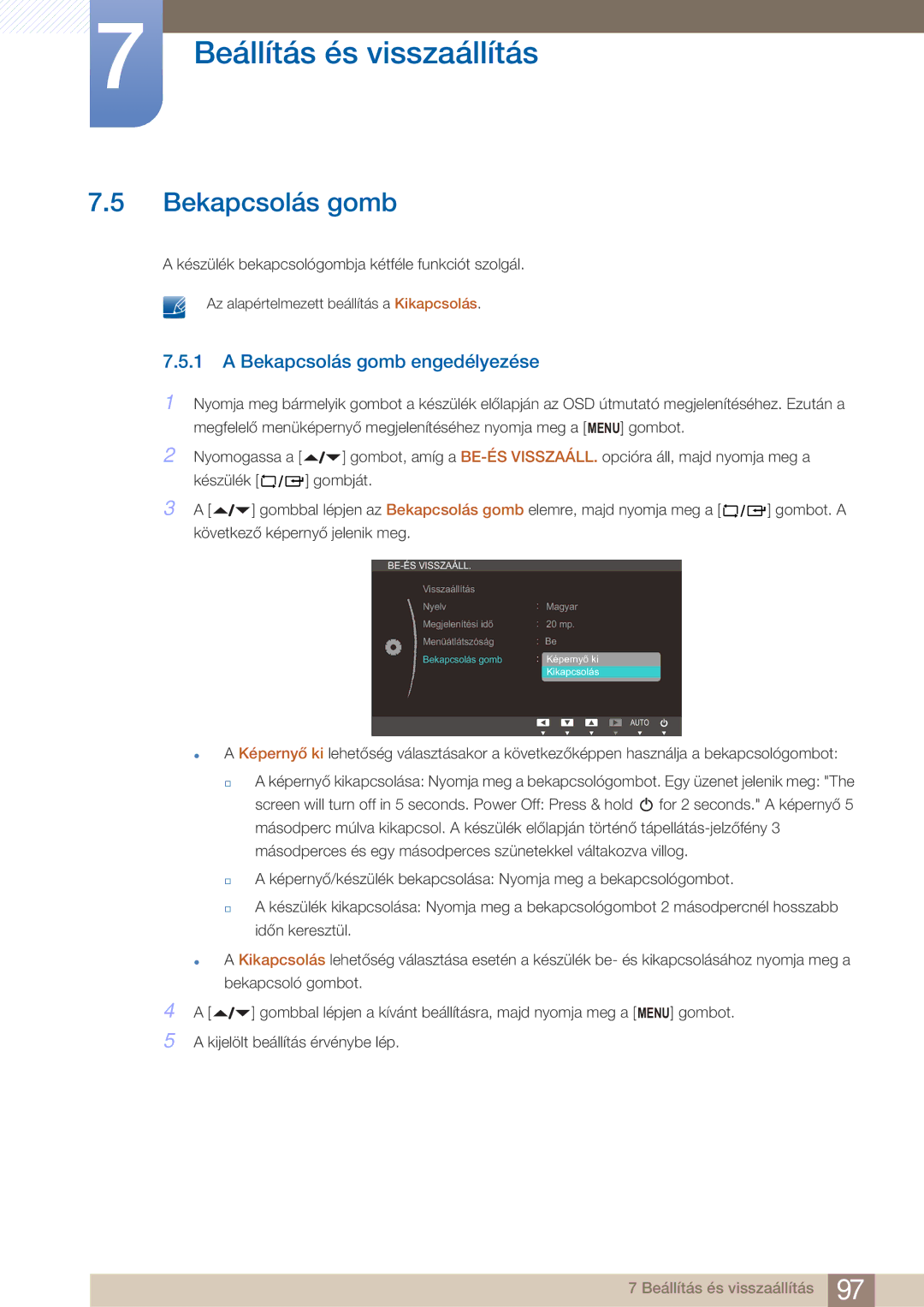 Samsung LF22FN1PFBZXEN manual Bekapcsolás gomb engedélyezése 