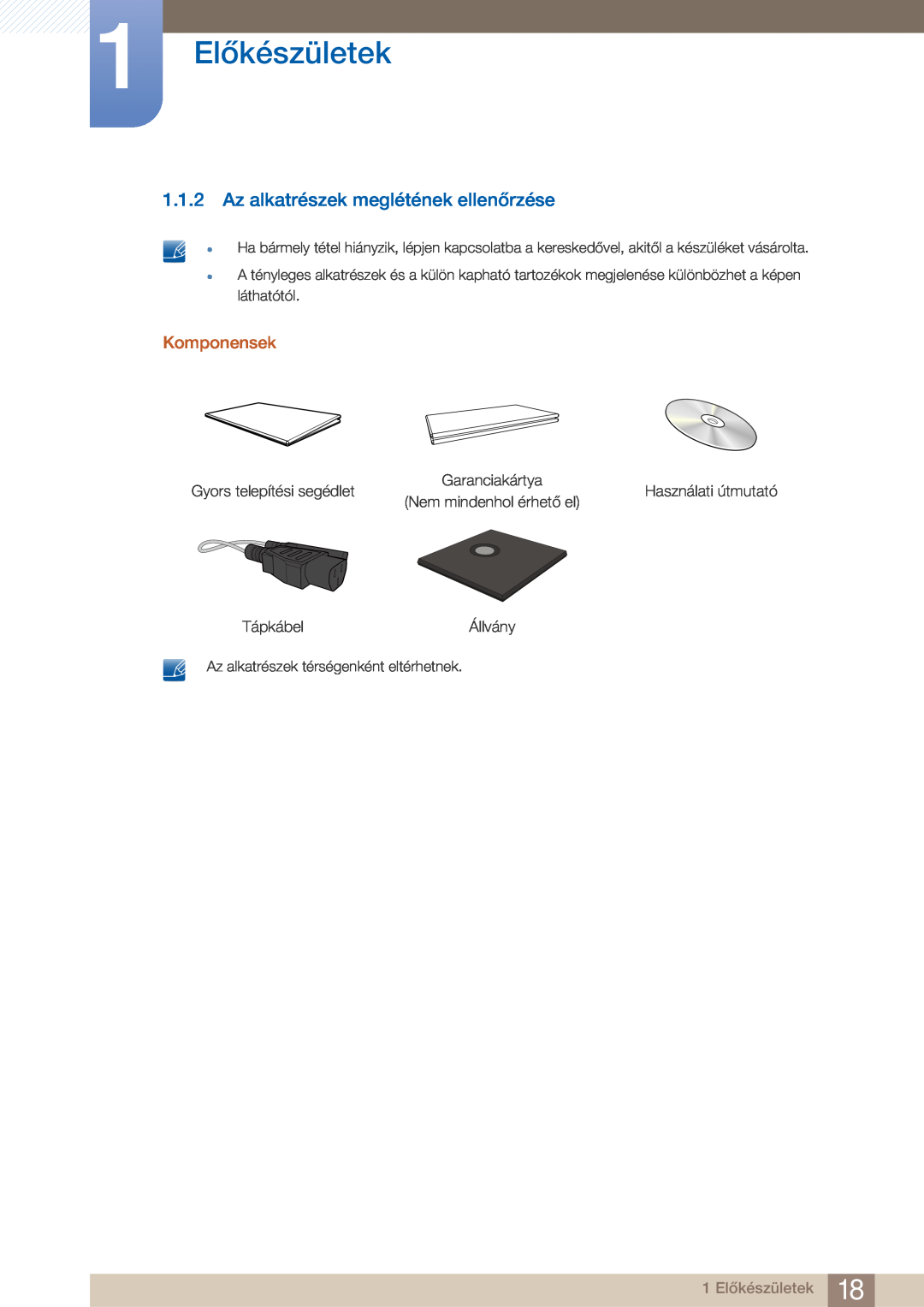Samsung LF22FN1PFBZXEN manual Az alkatrészek meglétének ellenőrzése, Komponensek, 1 Előkészületek 