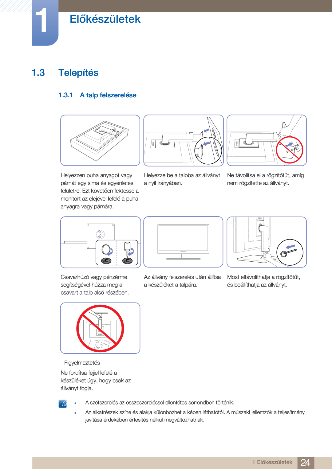 Samsung LF22FN1PFBZXEN manual Telepítés, A talp felszerelése, 1 Előkészületek 