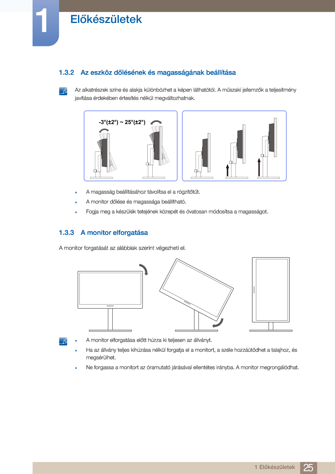 Samsung LF22FN1PFBZXEN Az eszköz dőlésének és magasságának beállítása, A monitor elforgatása, 1 Előkészületek, 3±2 ~ 25±2 