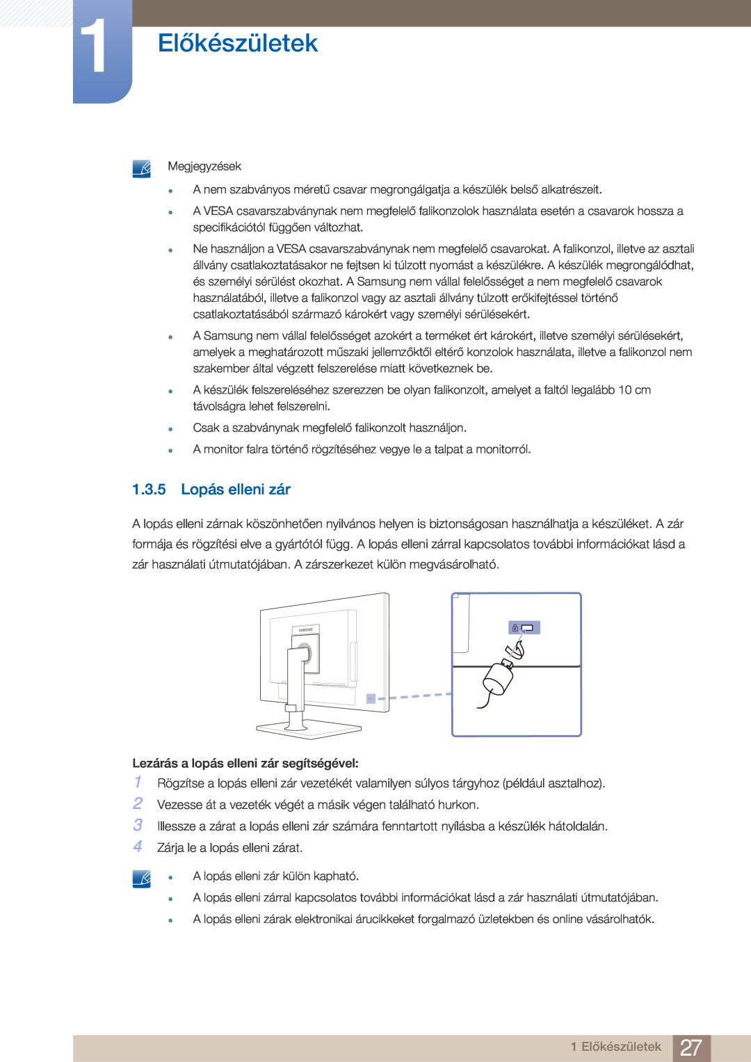 Samsung LF22FN1PFBZXEN manual 1.3.5 Lopás elleni zár, 1 Előkészületek 