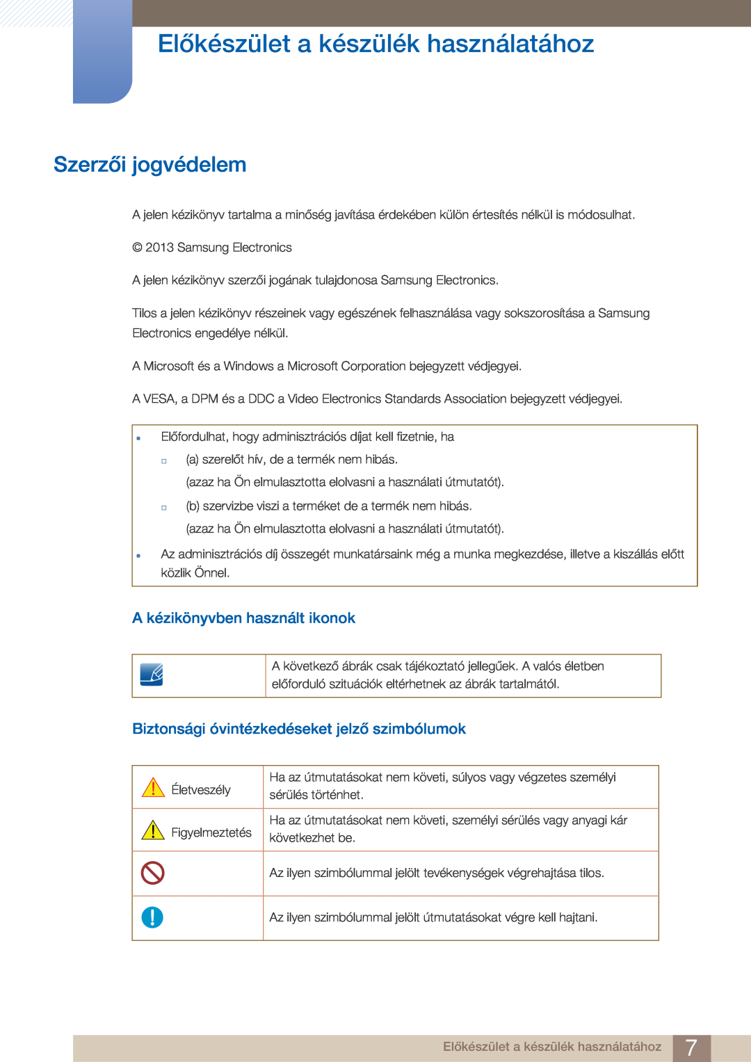 Samsung LF22FN1PFBZXEN manual Előkészület a készülék használatához, Szerzői jogvédelem, A kézikönyvben használt ikonok 