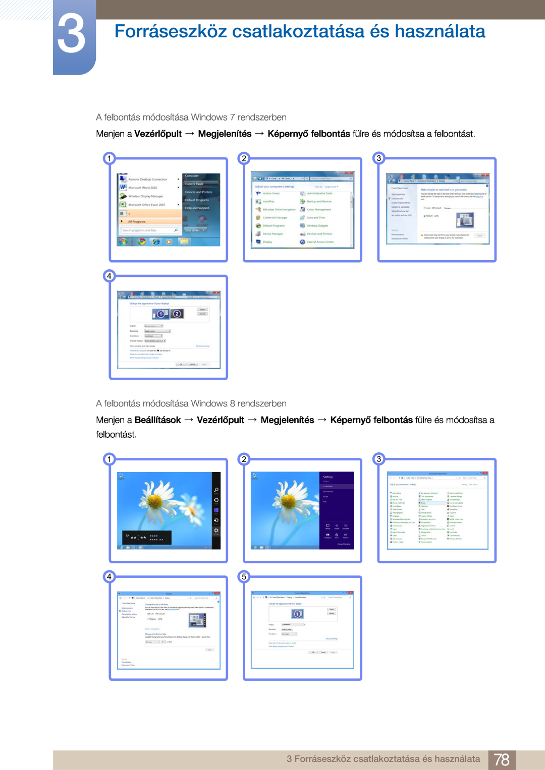 Samsung LF22FN1PFBZXEN manual Forráseszköz csatlakoztatása és használata, A felbontás módosítása Windows 7 rendszerben 