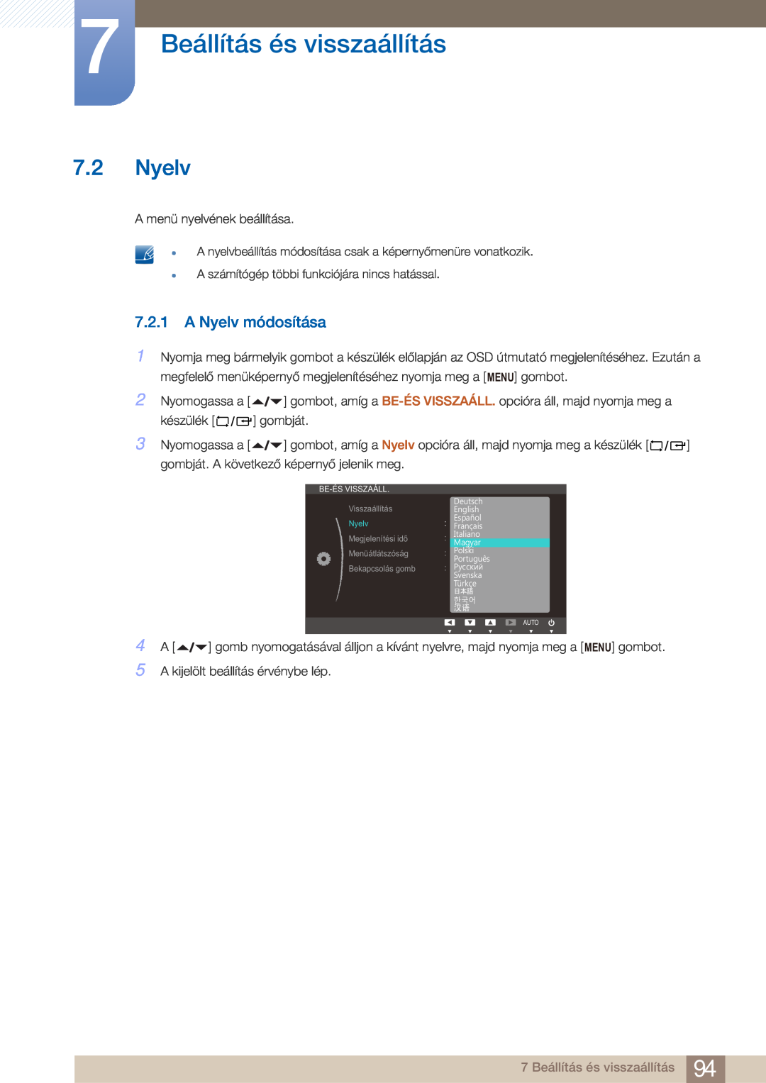 Samsung LF22FN1PFBZXEN manual A Nyelv módosítása, 7 Beállítás és visszaállítás 