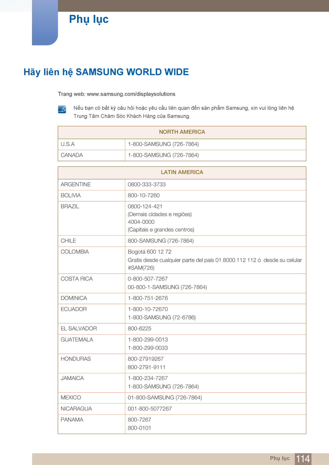 Samsung LF22FN1PFBZXXM, LF22NTBHBNU/XY, LF22NTBHBNM/XY manual Phụ lục, Hãy liên hệ Samsung World Wide 