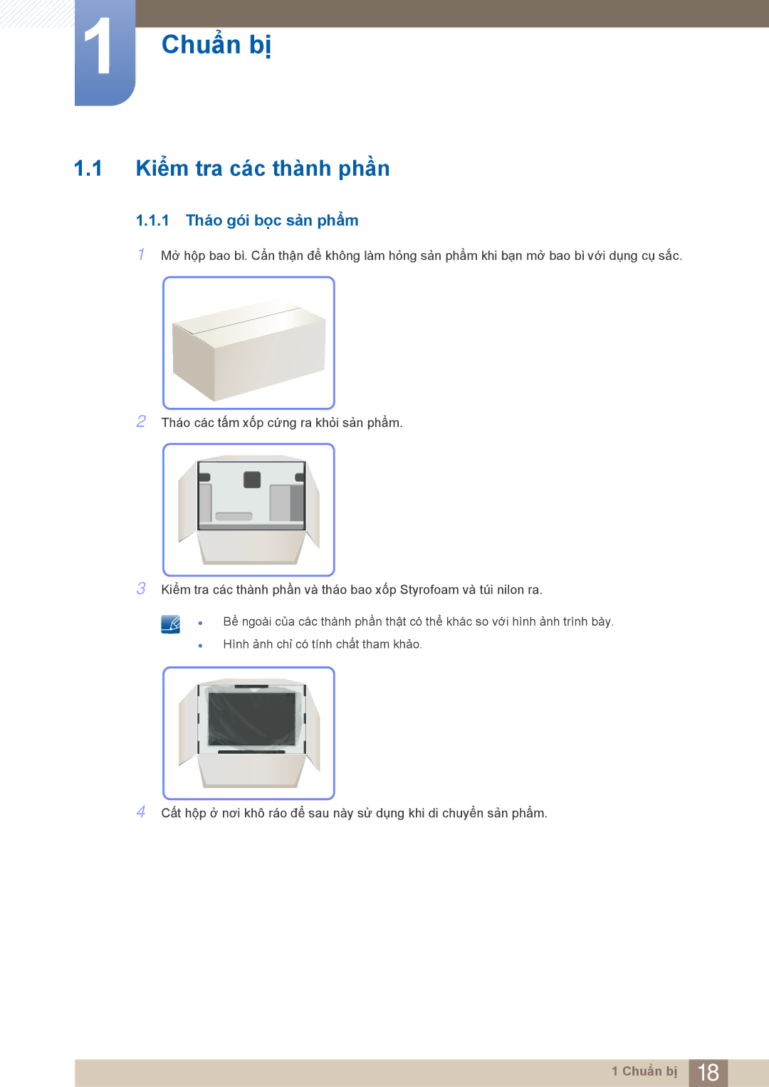 Samsung LF22FN1PFBZXXM, LF22NTBHBNU/XY, LF22NTBHBNM/XY manual Chuẩn bị, Kiểm tra các thành phần, 1 Tháo gói bọc sản phẩm 