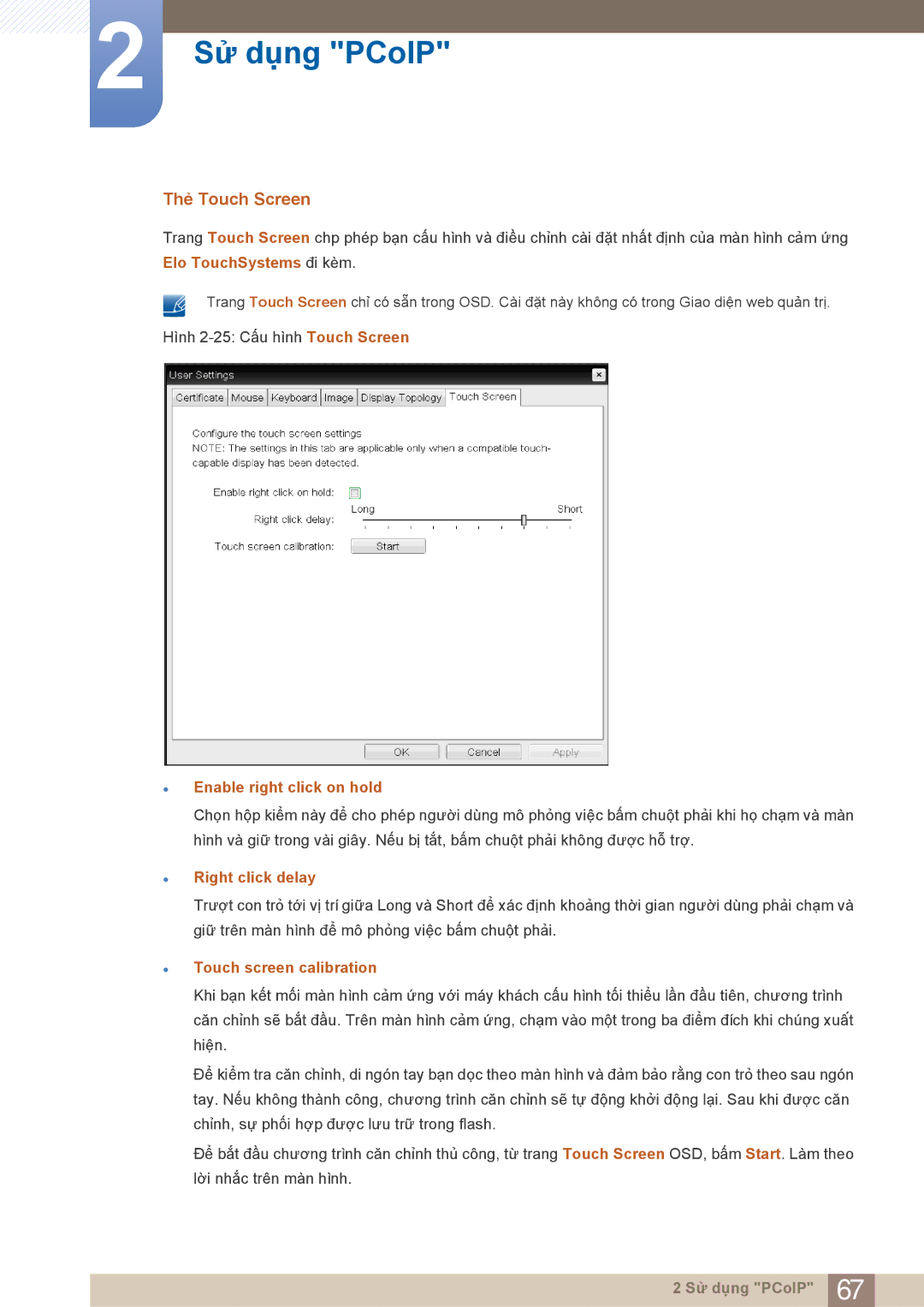 Samsung LF22NTBHBNU/XY manual Thẻ Touch Screen, Elo TouchSystems đi kèm, Enable right click on hold, Right click delay 