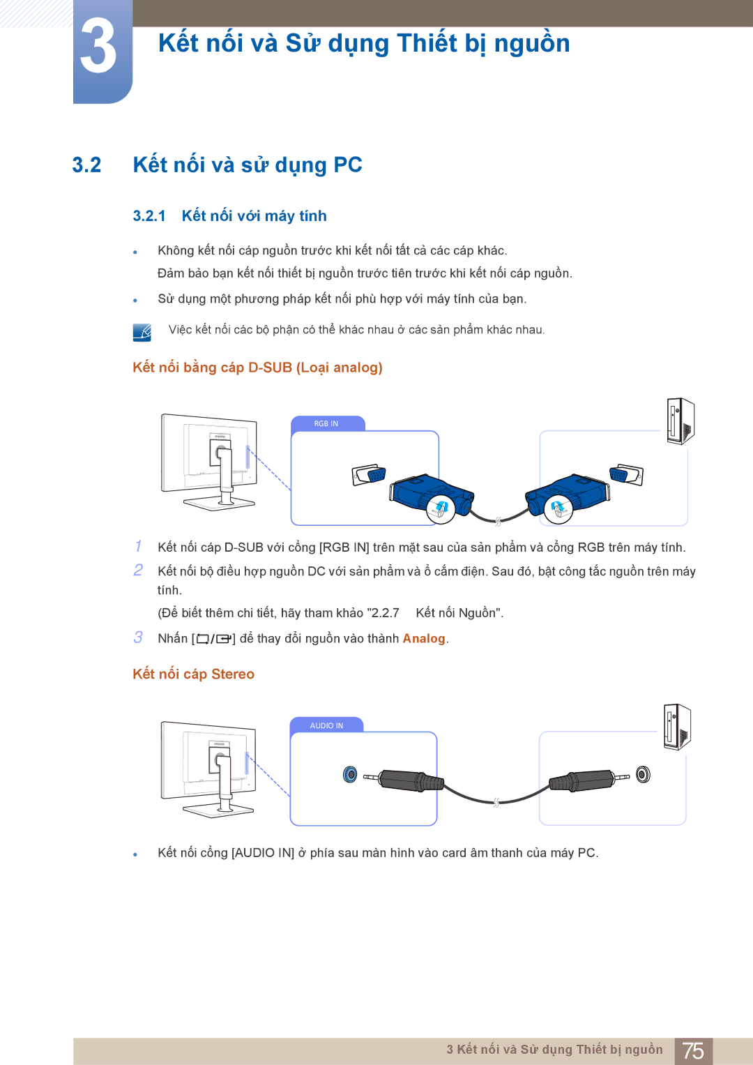 Samsung LF22FN1PFBZXXM, LF22NTBHBNU/XY Kết nối và sử dụng PC, 1 Kết nối với máy tính, Kết nối bằng cáp D-SUB Loại analog 