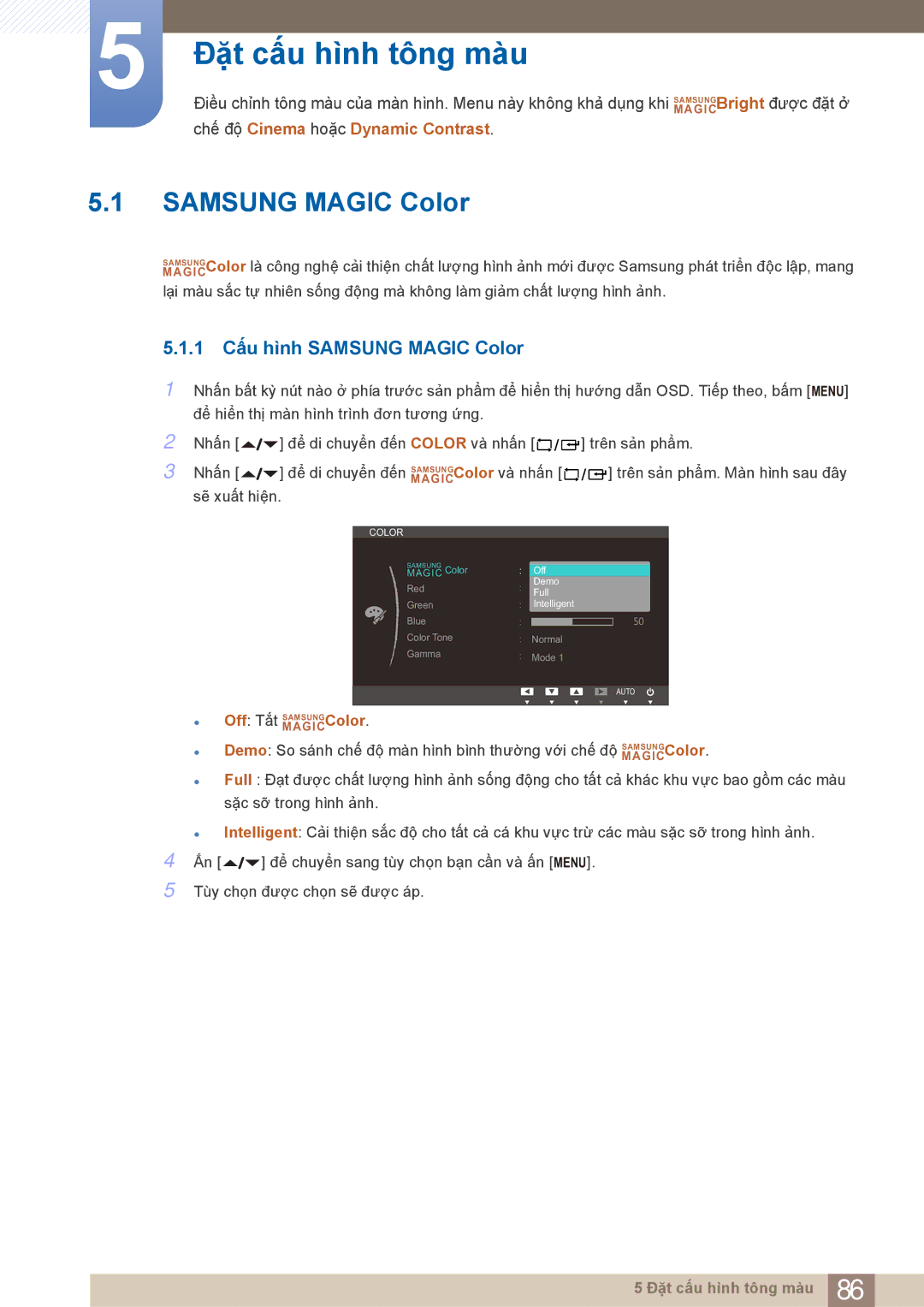 Samsung LF22NTBHBNM/XY manual Đặt cấu hình tông màu, 1 Cấu hình Samsung Magic Color, Off Tắt MAGICSAMSUNGColor 