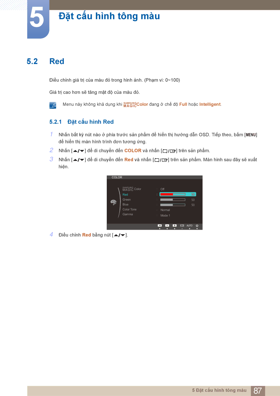 Samsung LF22FN1PFBZXXM, LF22NTBHBNU/XY, LF22NTBHBNM/XY manual 1 Đặt cấu hình Red 