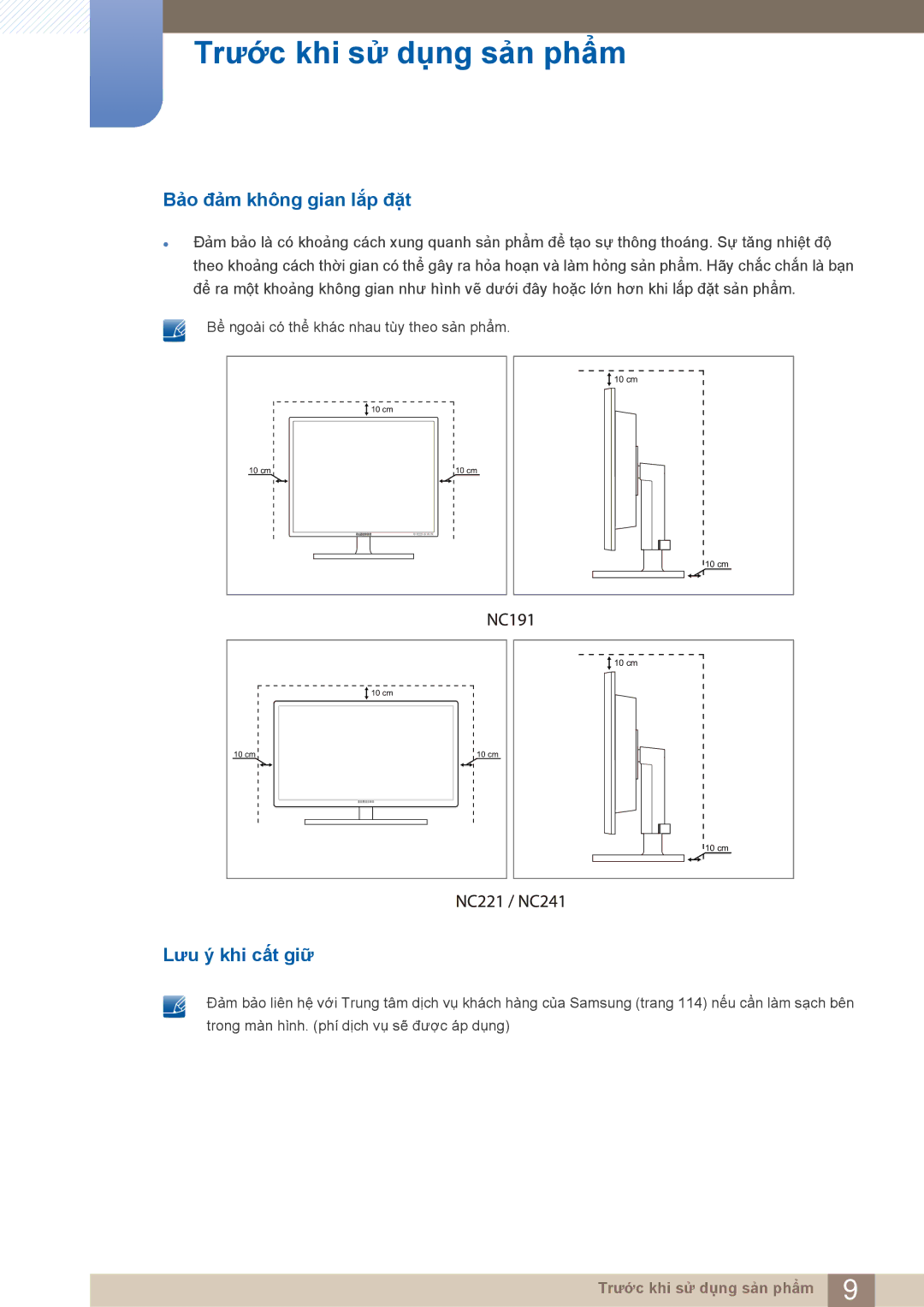 Samsung LF22FN1PFBZXXM, LF22NTBHBNU/XY, LF22NTBHBNM/XY manual Bảo đảm không gian lắp đặt, Lưu ý khi cất giữ 