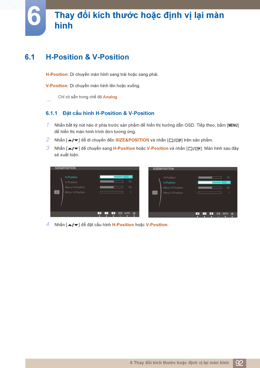 Samsung LF22NTBHBNM/XY, LF22FN1PFBZXXM, LF22NTBHBNU/XY Thayhình đổi kích thước hoặc định vị lại màn, Position & V-Position 