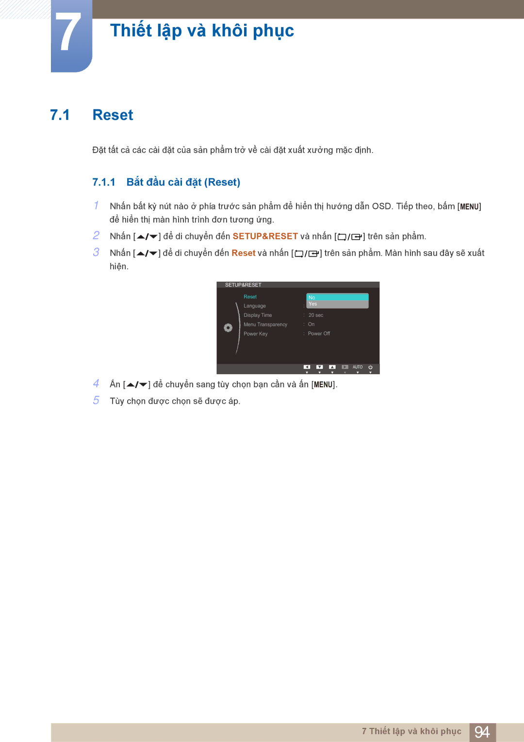 Samsung LF22NTBHBNU/XY, LF22FN1PFBZXXM, LF22NTBHBNM/XY manual Thiết lập và khôi phục, 1 Bắt đầu cài đặt Reset 