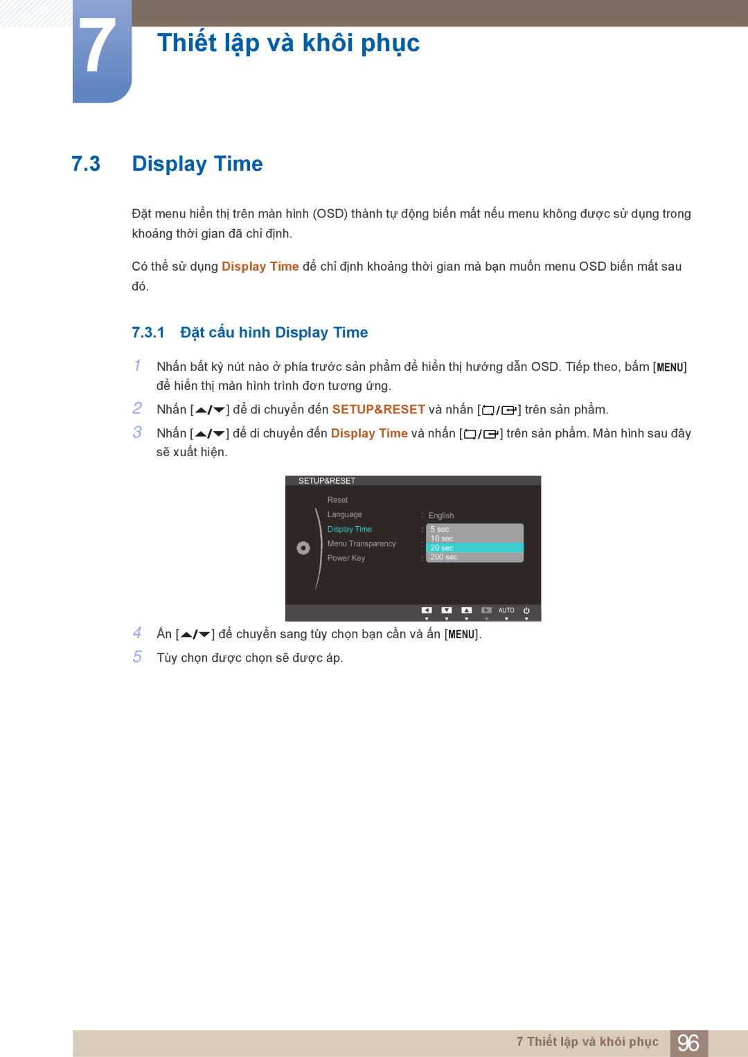 Samsung LF22FN1PFBZXXM, LF22NTBHBNU/XY, LF22NTBHBNM/XY manual 1 Đặt cấu hình Display Time 