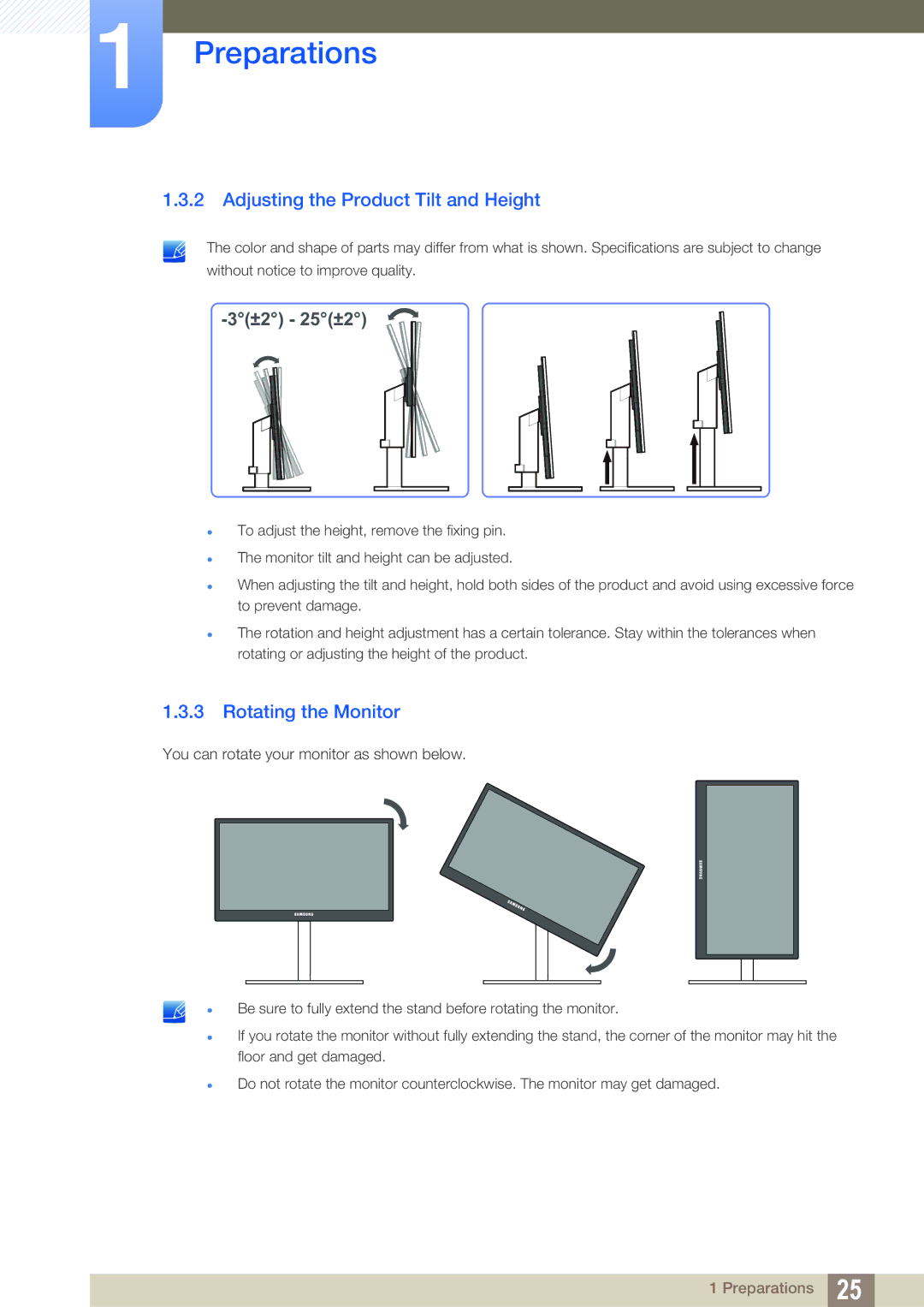 Samsung LF24FT2TFPZXEN, LF22FT2TFPZXEN manual Adjusting the Product Tilt and Height, Rotating the Monitor 