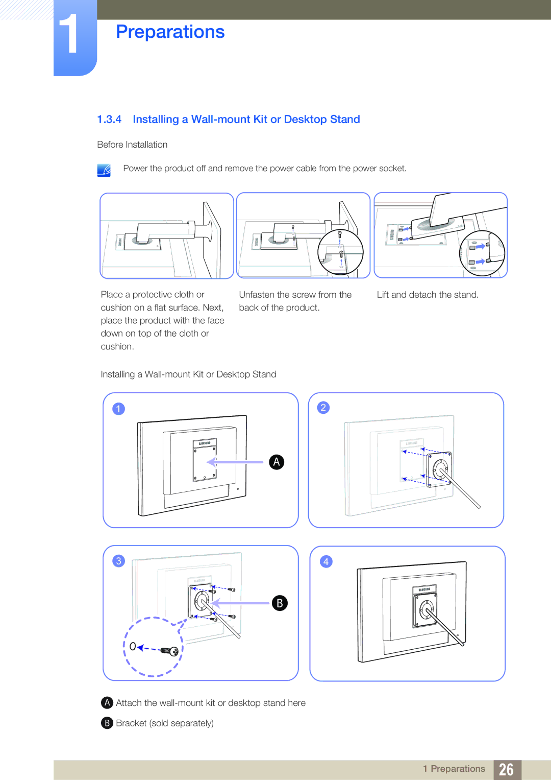 Samsung LF22FT2TFPZXEN, LF24FT2TFPZXEN manual Installing a Wall-mount Kit or Desktop Stand 