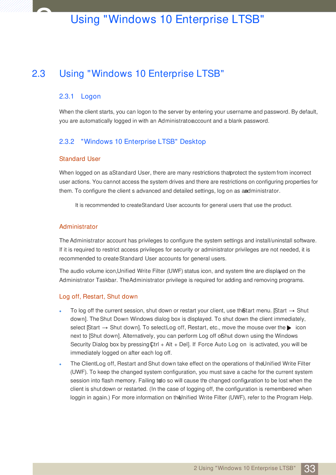 Samsung LF24FT2TFPZXEN, LF22FT2TFPZXEN manual Using Windows 10 Enterprise Ltsb, Logon, Windows 10 Enterprise Ltsb Desktop 