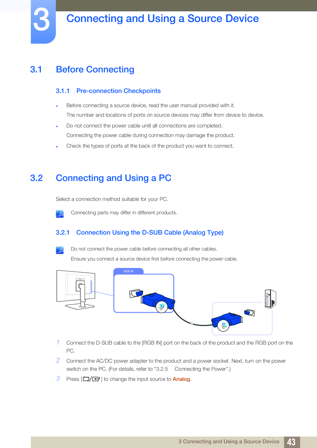 Samsung LF24FT2TFPZXEN, LF22FT2TFPZXEN Connecting and Using a Source Device, Before Connecting, Connecting and Using a PC 