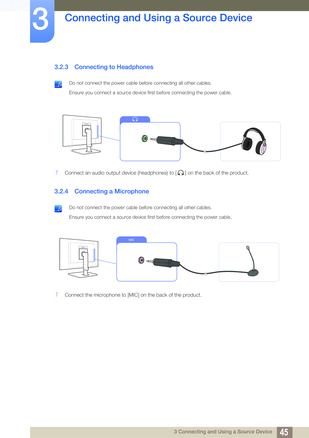 Samsung LF24FT2TFPZXEN, LF22FT2TFPZXEN manual Connecting to Headphones, Connecting a Microphone 