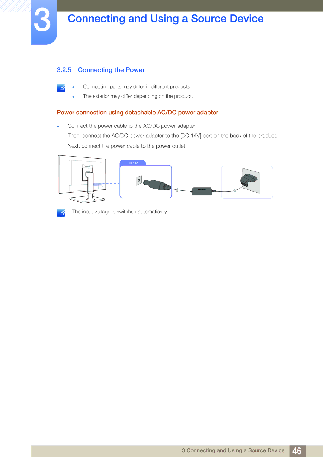 Samsung LF22FT2TFPZXEN, LF24FT2TFPZXEN manual Connecting the Power, Power connection using detachable AC/DC power adapter 