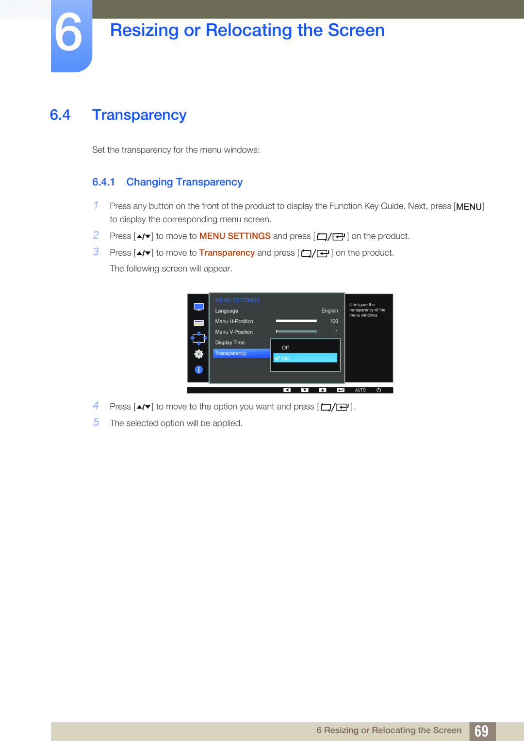 Samsung LF24FT2TFPZXEN, LF22FT2TFPZXEN manual Changing Transparency 