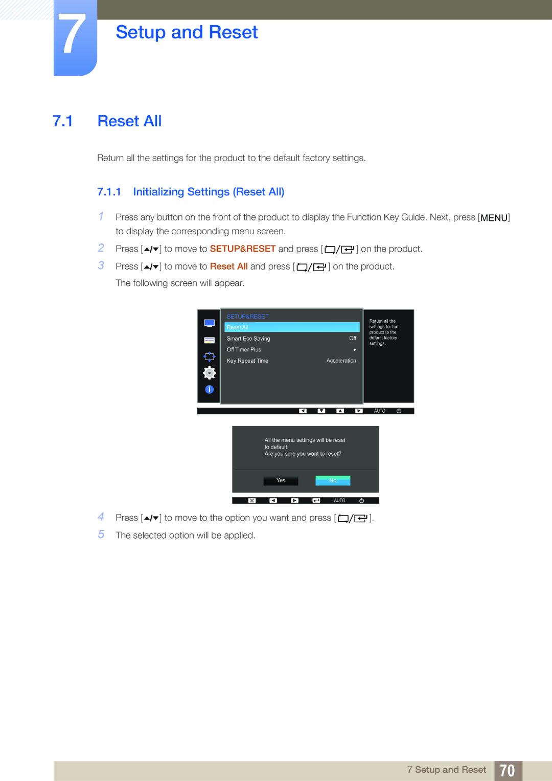 Samsung LF22FT2TFPZXEN, LF24FT2TFPZXEN manual Setup and Reset, Initializing Settings Reset All 