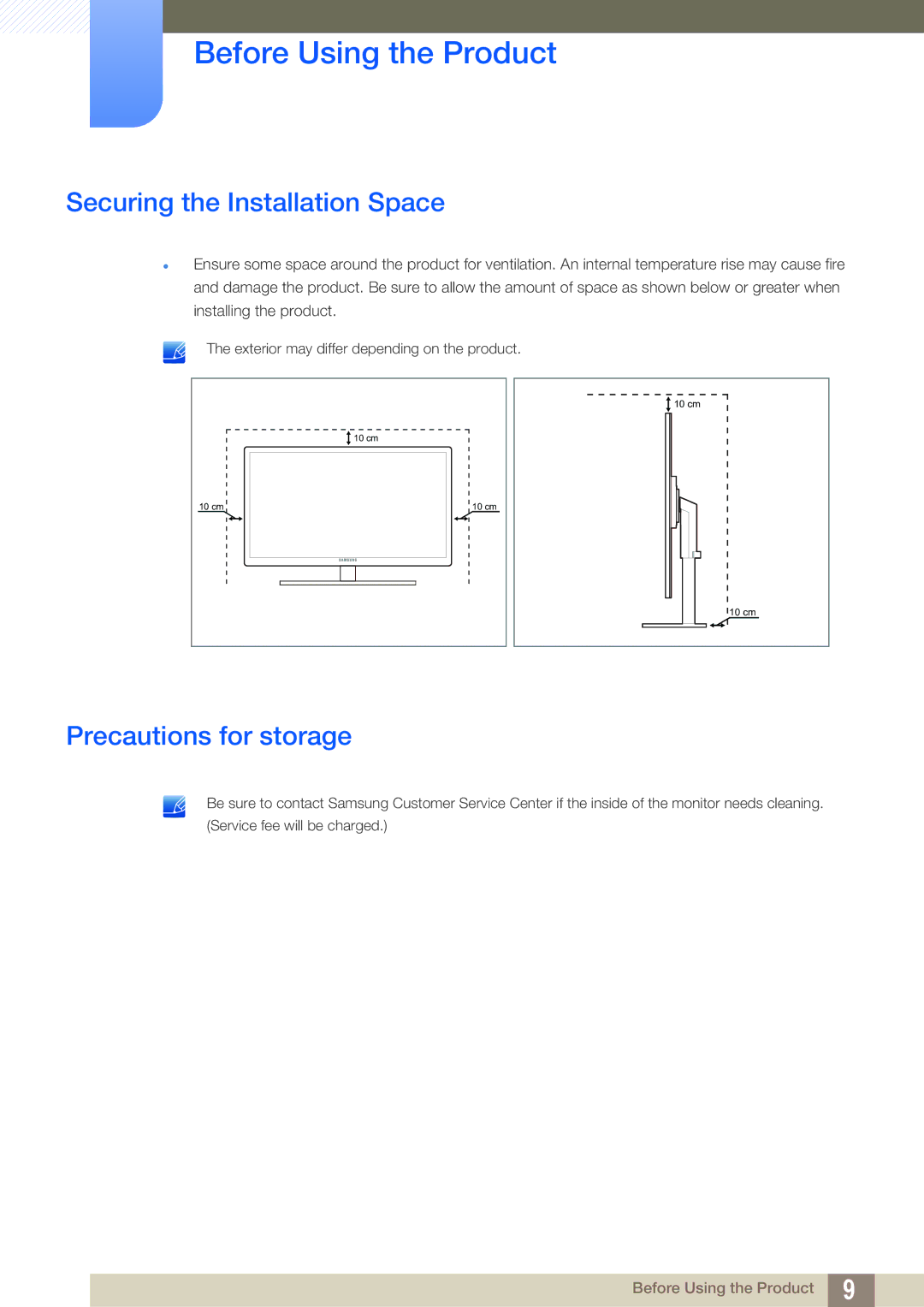 Samsung LF24FT2TFPZXEN, LF22FT2TFPZXEN manual Securing the Installation Space, Precautions for storage 