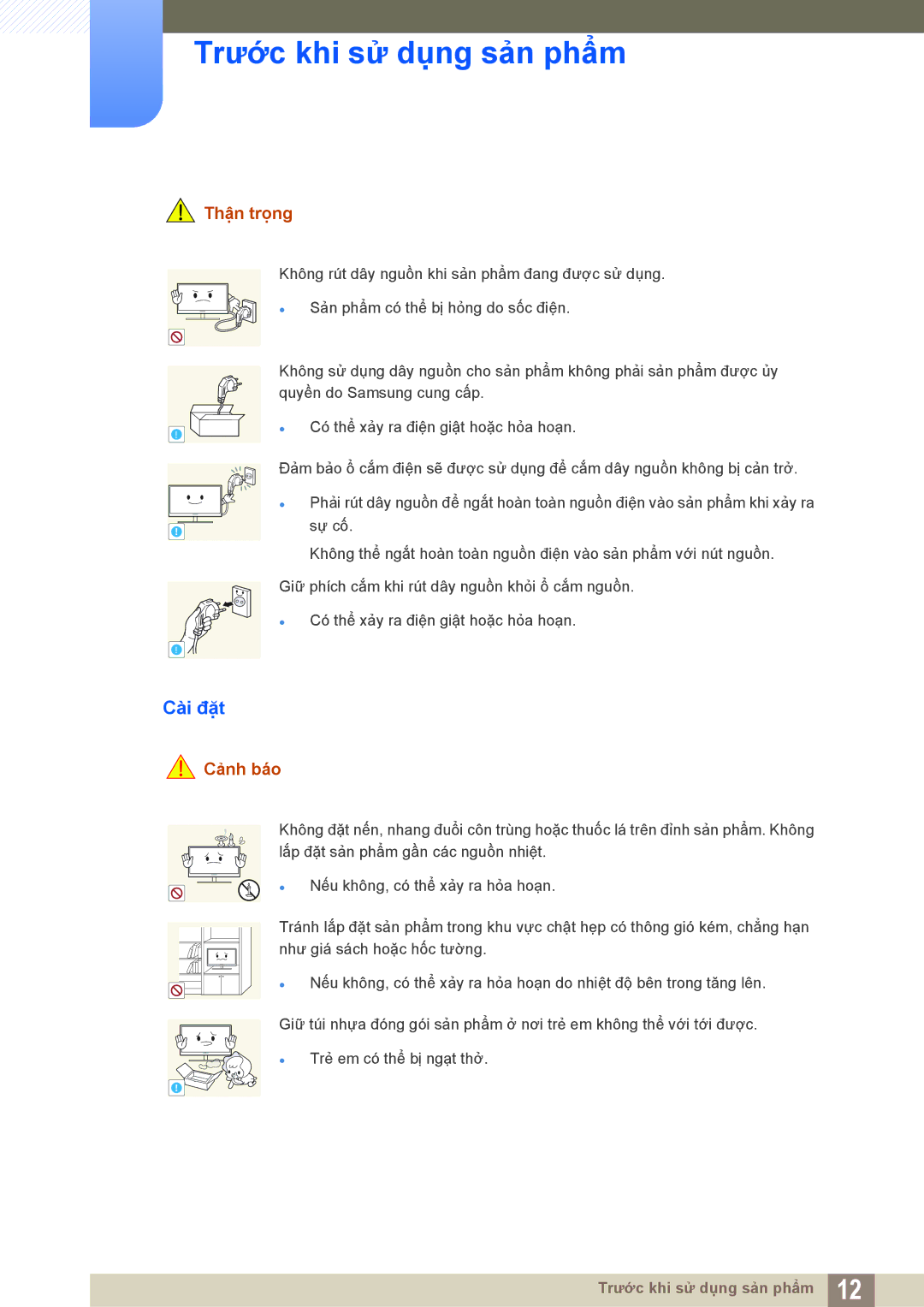 Samsung LF22FT2WFPZXXY, LF24FT2WFPZXXY manual Cài đặt, Thận trọng 