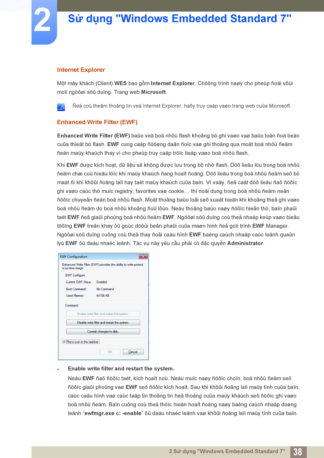 Samsung LF22FT2WFPZXXY manual Internet Explorer, Enhanced Write Filter EWF,  Enable write filter and restart the system 