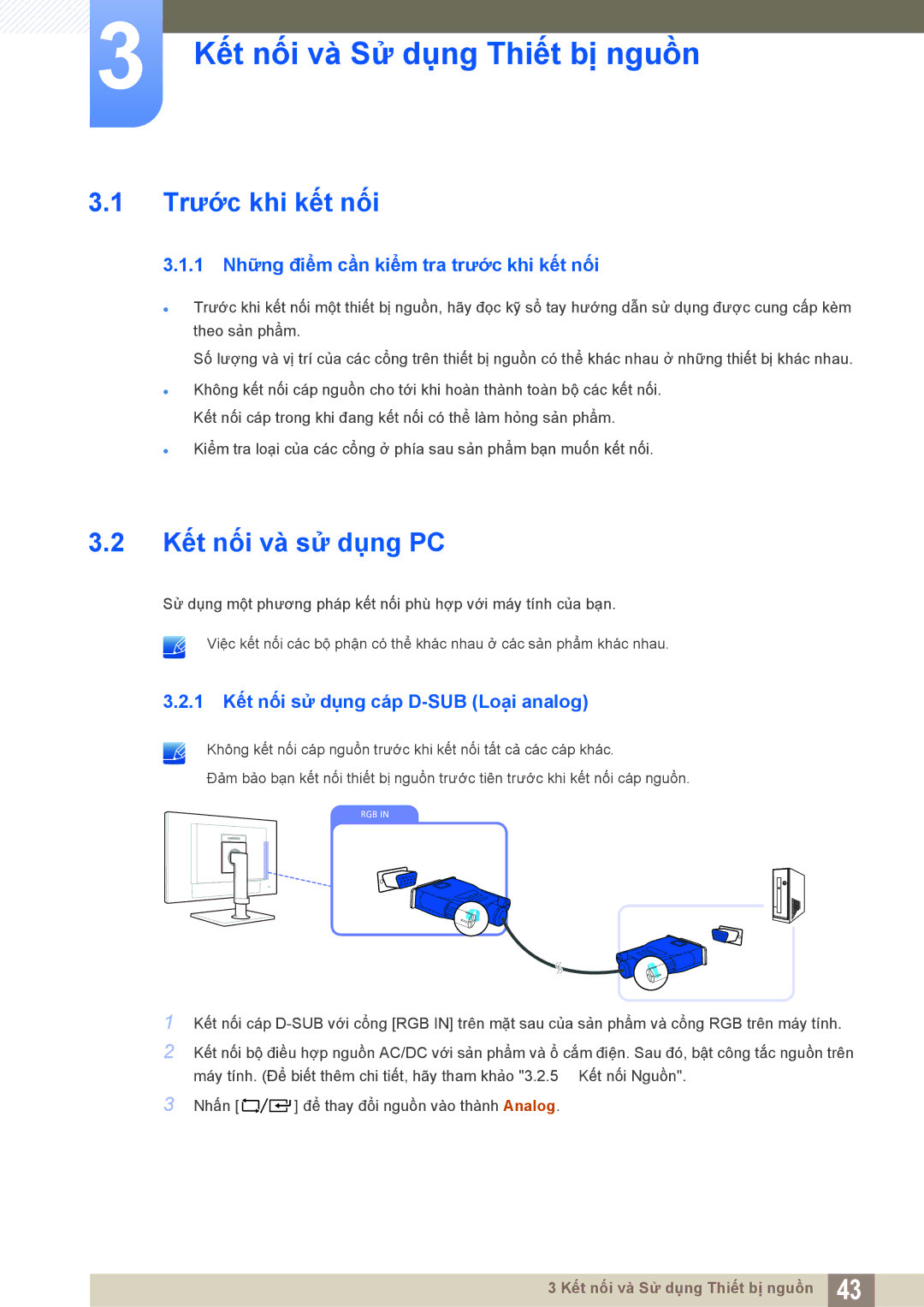 Samsung LF24FT2WFPZXXY, LF22FT2WFPZXXY manual Kết nối và Sử dụng Thiết bị nguồn, Trước khi kết nối, Kết nối và sử dụng PC 