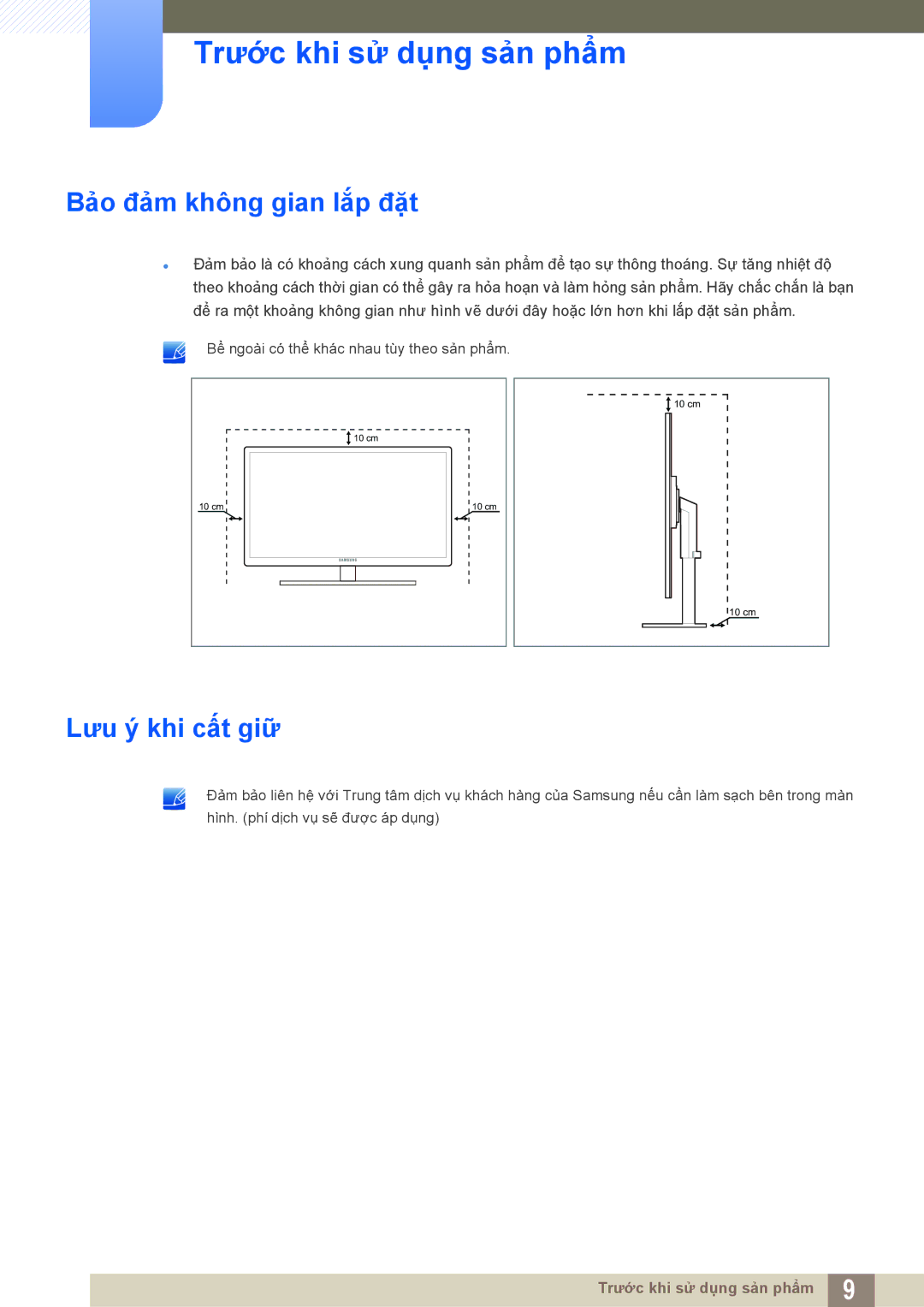 Samsung LF24FT2WFPZXXY, LF22FT2WFPZXXY manual Bảo đảm không gian lắp đặt, Lưu ý khi cất giữ 