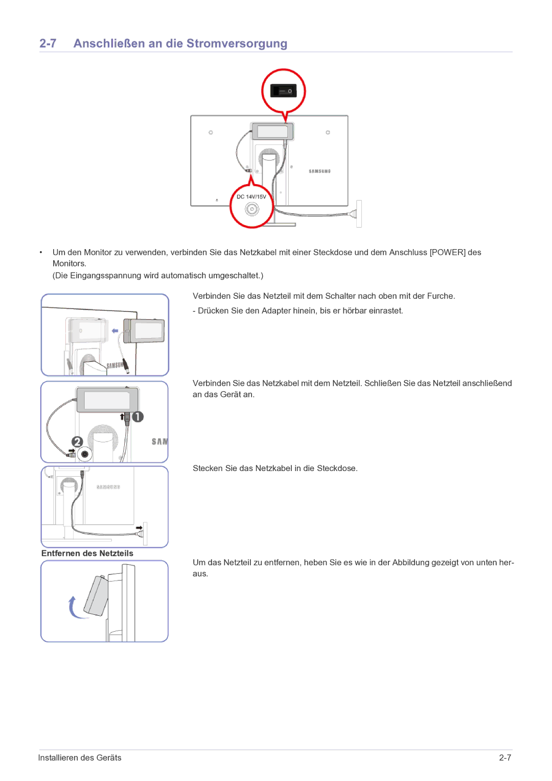 Samsung LF22NEBHBN/EN, LF22NEBHBM/EN manual Anschließen an die Stromversorgung, Entfernen des Netzteils 