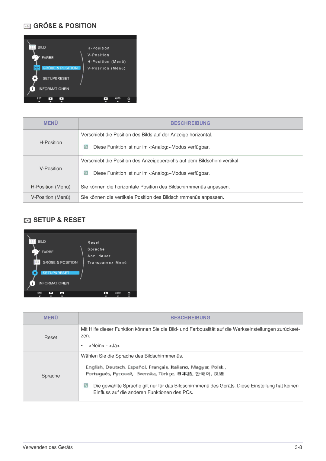 Samsung LF22NEBHBN/EN, LF22NEBHBM/EN manual GRÖßE & Position, Setup & Reset 