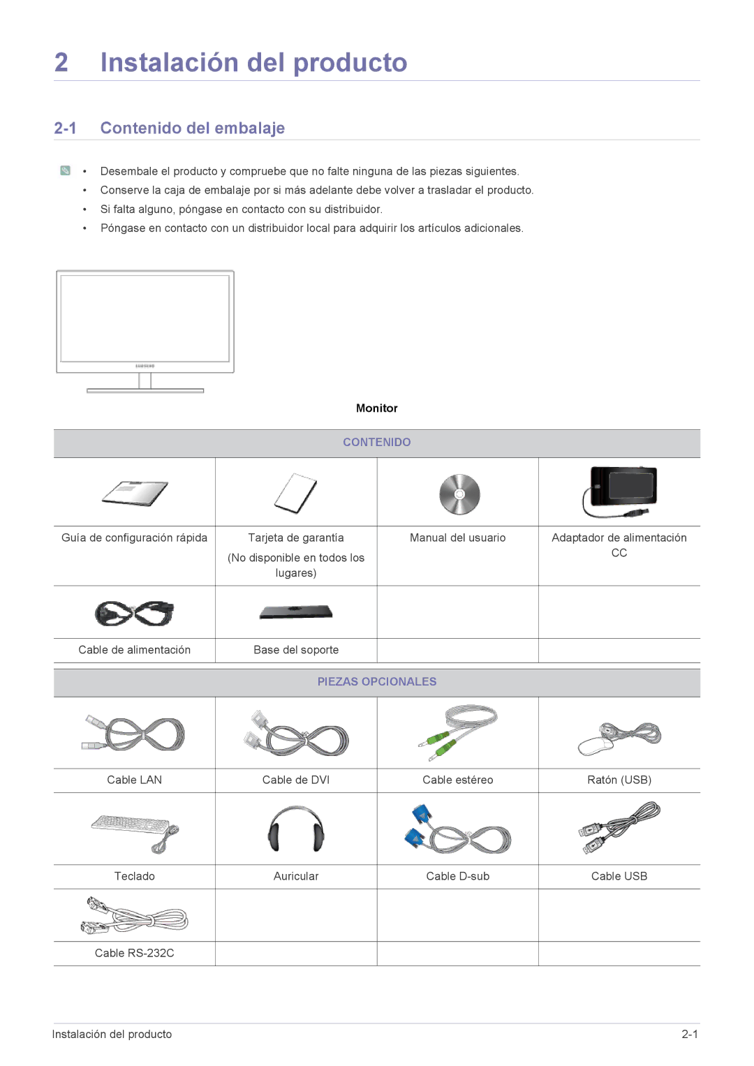 Samsung LF22NEBHBN/ZA, LF22NEBHBN/EN manual Contenido del embalaje, Piezas Opcionales 