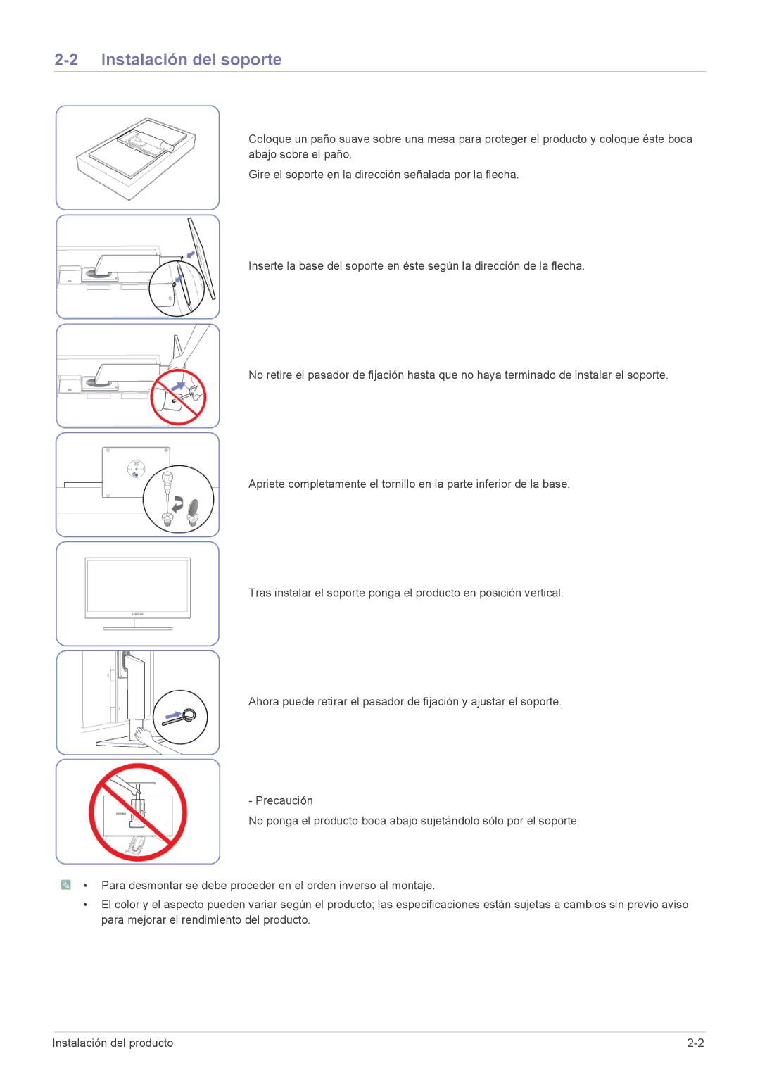 Samsung LF22NEBHBN/ZA, LF22NEBHBN/EN manual Instalación del soporte 