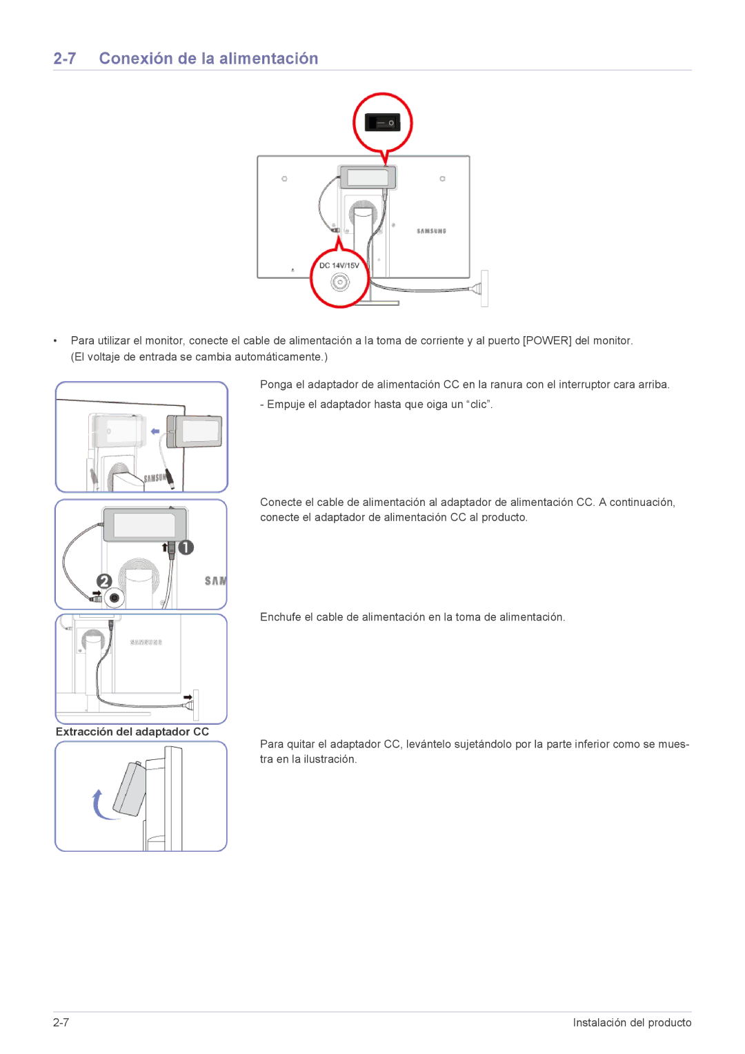 Samsung LF22NEBHBN/EN, LF22NEBHBN/ZA manual Conexión de la alimentación, Extracción del adaptador CC 