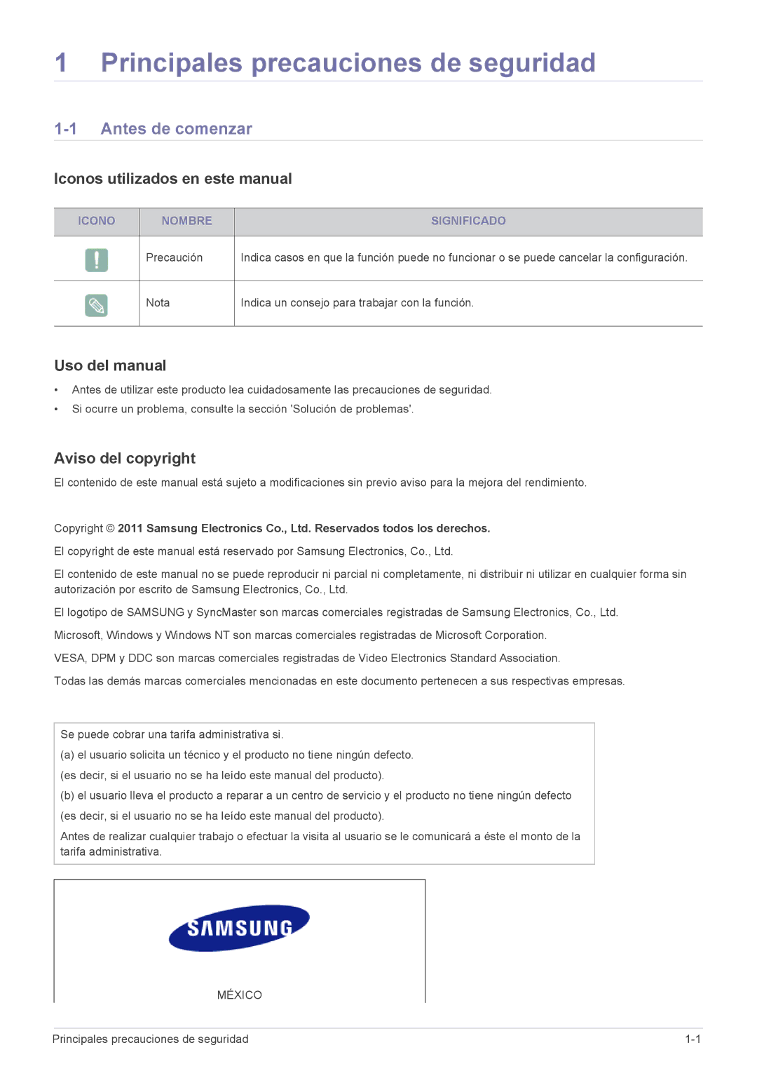 Samsung LF22NEBHBN/ZA Antes de comenzar, Iconos utilizados en este manual, Uso del manual, Aviso del copyright 