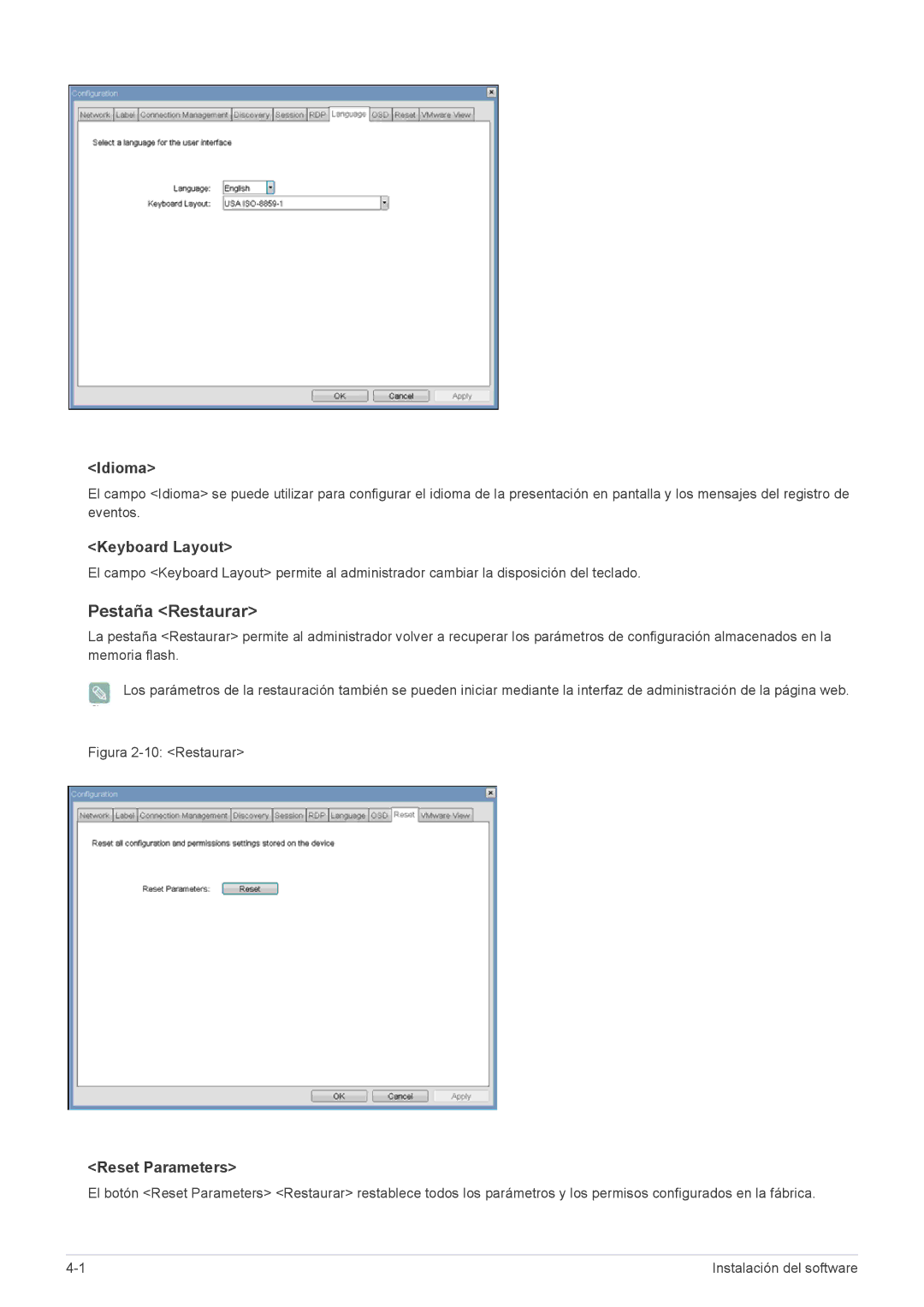 Samsung LF22NEBHBN/ZA, LF22NEBHBN/EN manual Pestaña Restaurar, Idioma, Keyboard Layout, Reset Parameters 