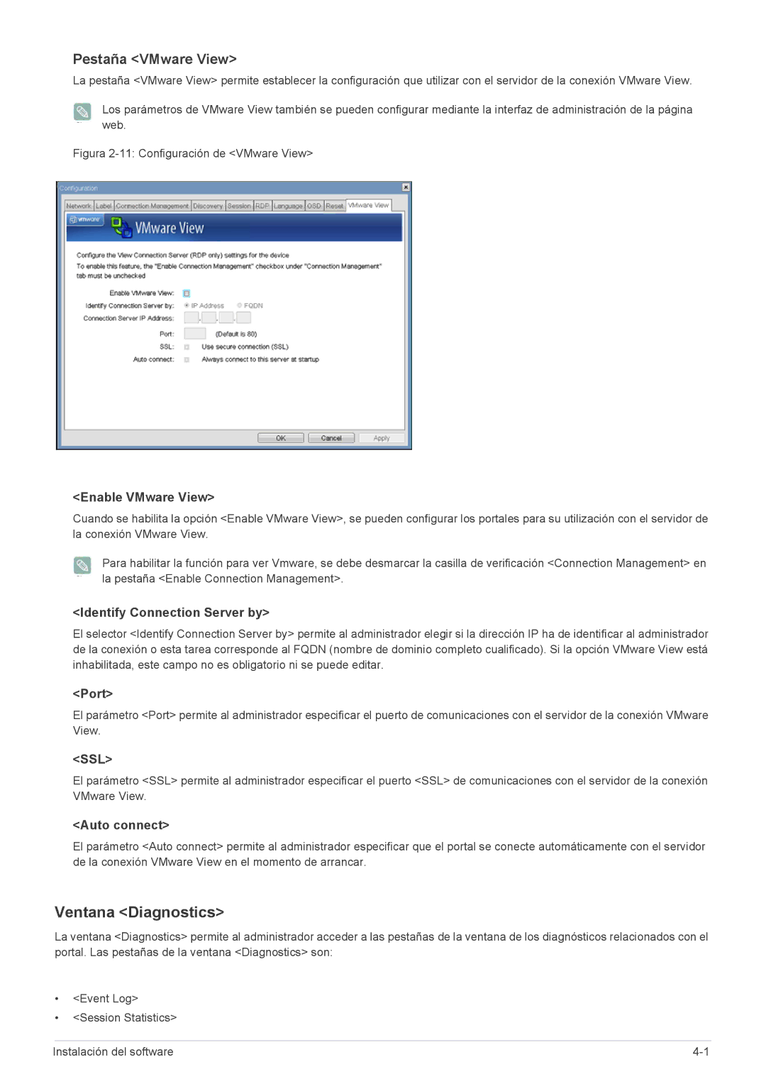 Samsung LF22NEBHBN/EN, LF22NEBHBN/ZA manual Ventana Diagnostics, Pestaña VMware View 