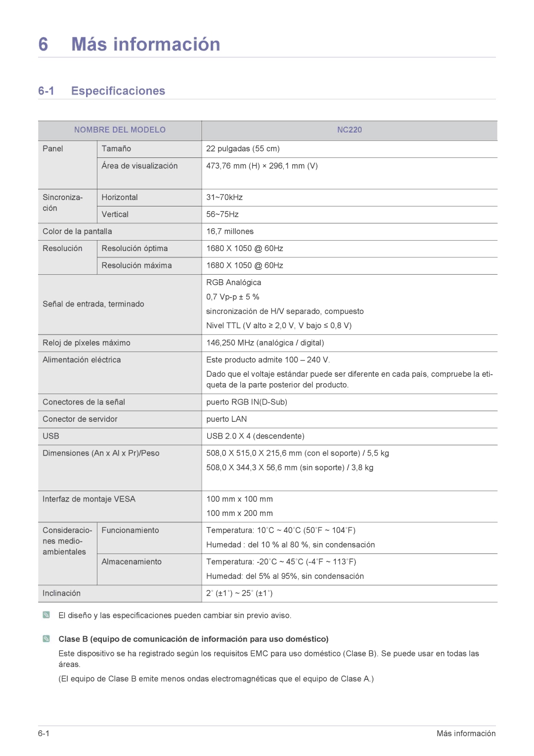 Samsung LF22NEBHBN/EN, LF22NEBHBN/ZA manual Especificaciones, Nombre DEL Modelo 