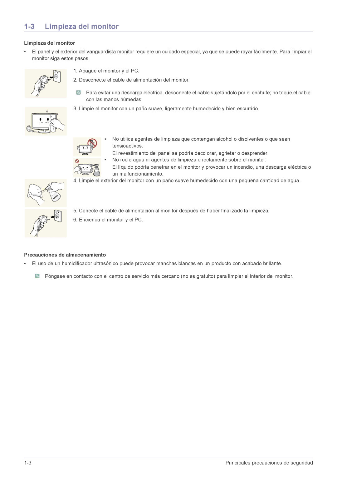 Samsung LF22NEBHBN/EN, LF22NEBHBN/ZA manual Limpieza del monitor, Precauciones de almacenamiento 