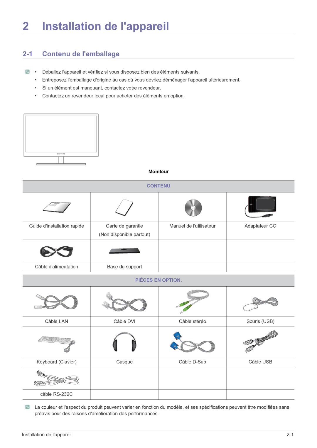 Samsung LF22NEBHBN/EN manual Contenu de lemballage, Pièces EN Option 