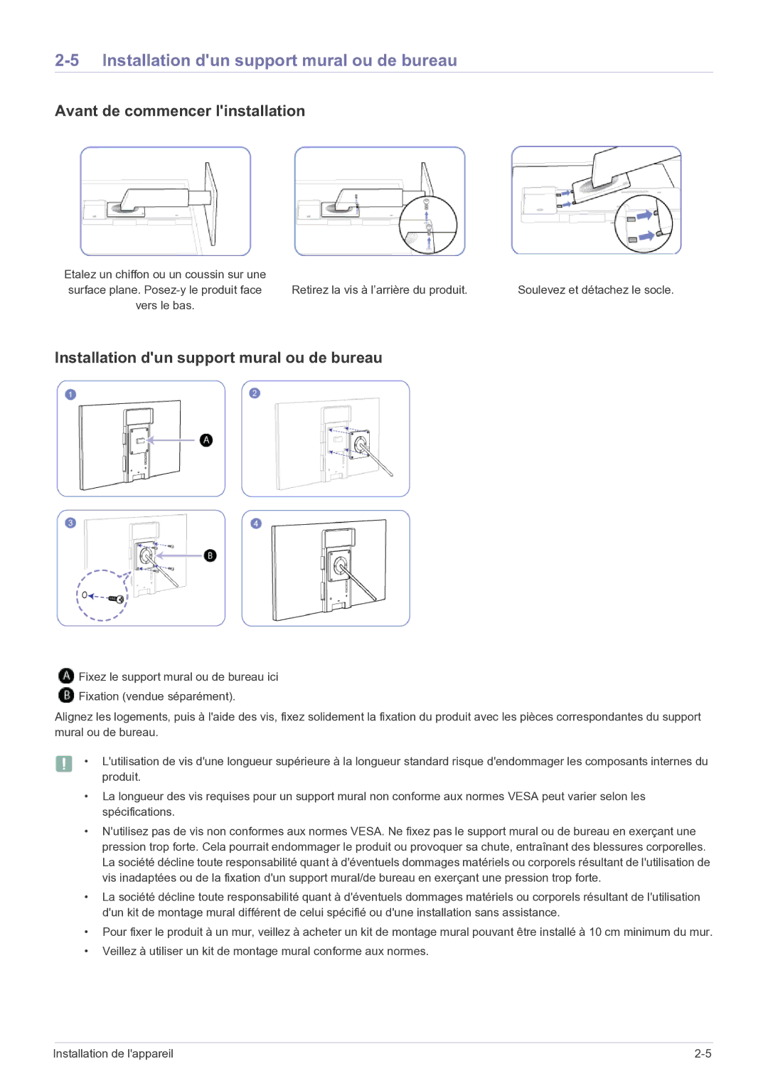 Samsung LF22NEBHBN/EN manual Installation dun support mural ou de bureau, Avant de commencer linstallation 