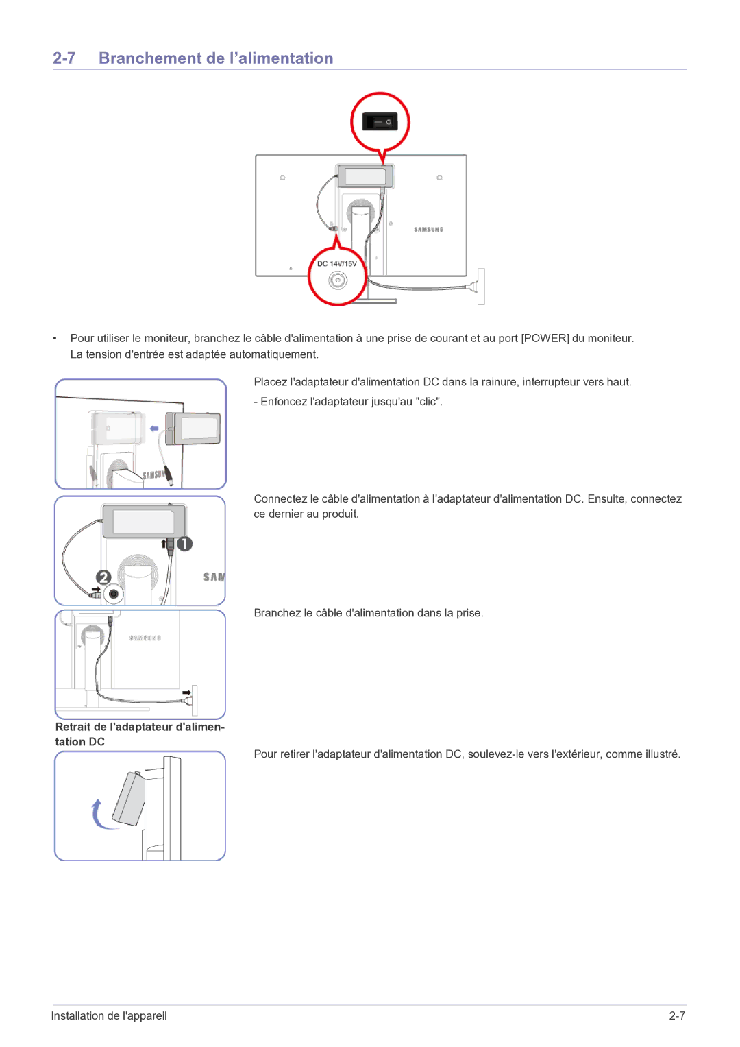 Samsung LF22NEBHBN/EN manual Branchement de l’alimentation, Retrait de ladaptateur dalimen- tation DC 