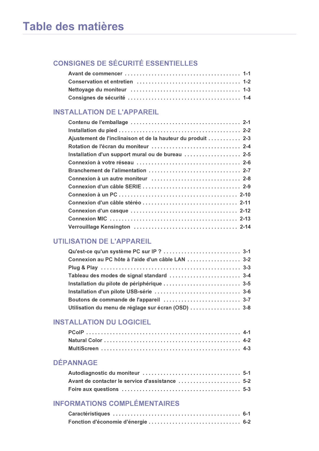 Samsung LF22NEBHBN/EN manual Table des matières, Caractéristiques -1 Fonction déconomie d’énergie 