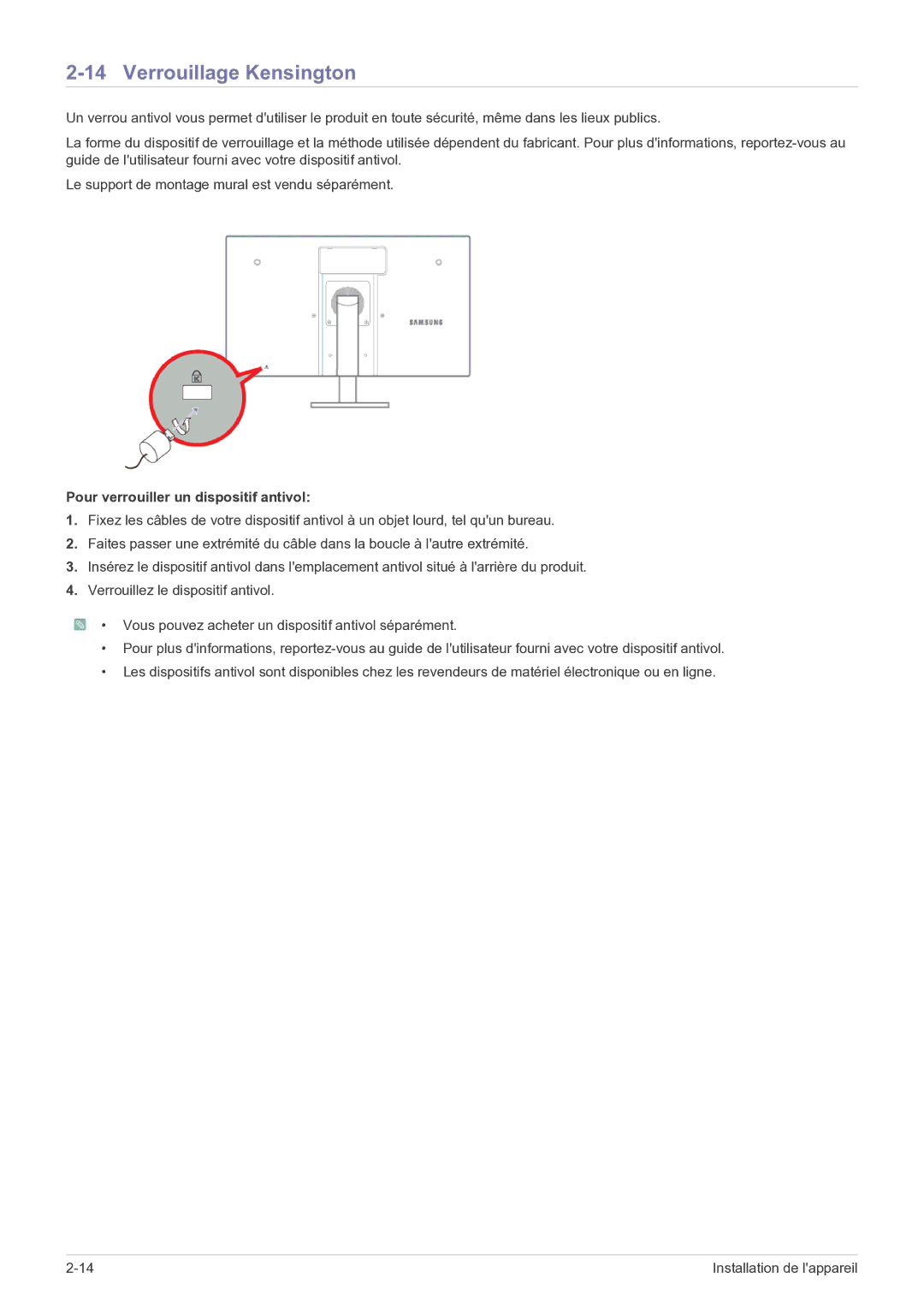 Samsung LF22NEBHBN/EN manual Verrouillage Kensington, Pour verrouiller un dispositif antivol 