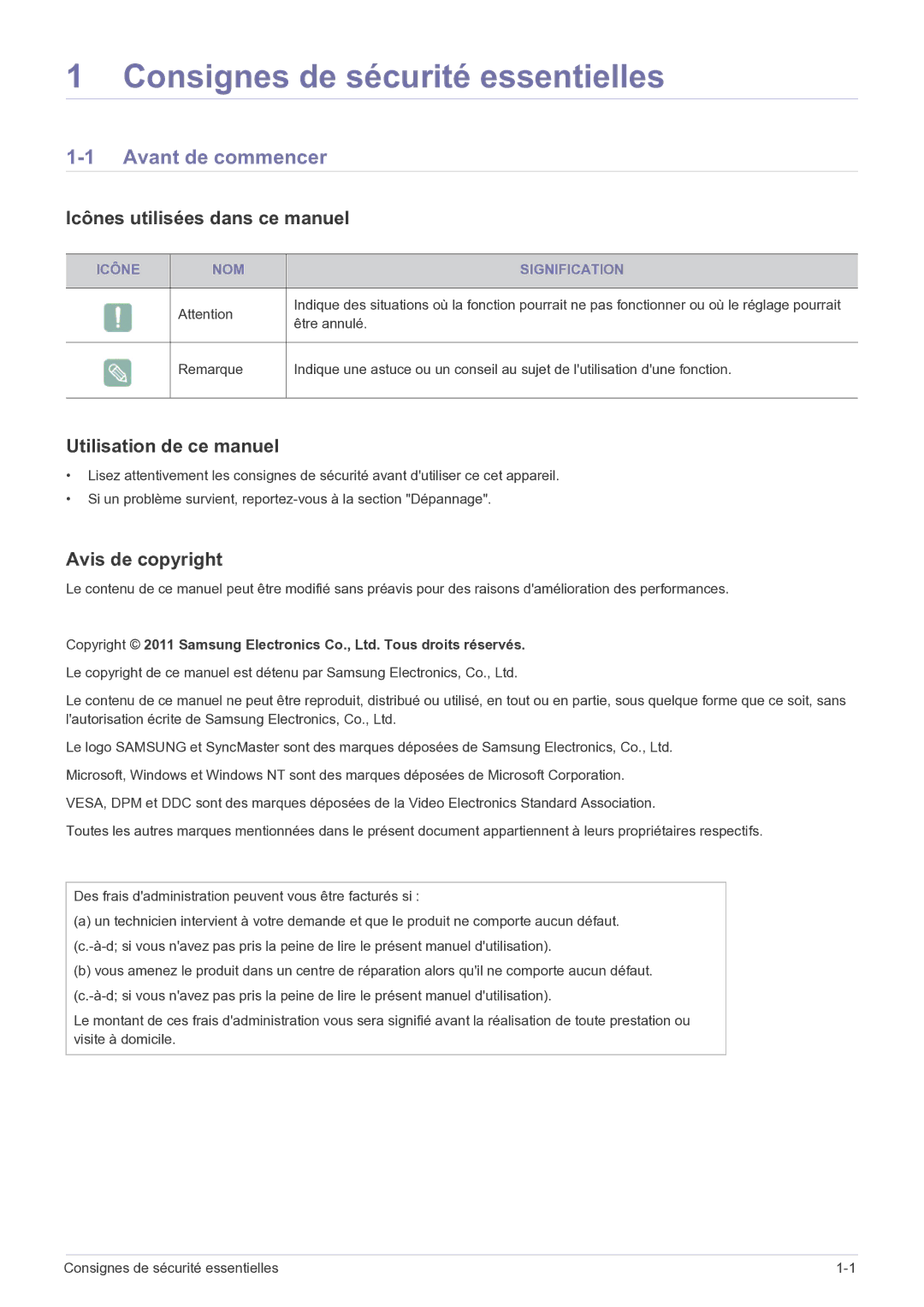 Samsung LF22NEBHBN/EN Avant de commencer, Icônes utilisées dans ce manuel, Utilisation de ce manuel, Avis de copyright 