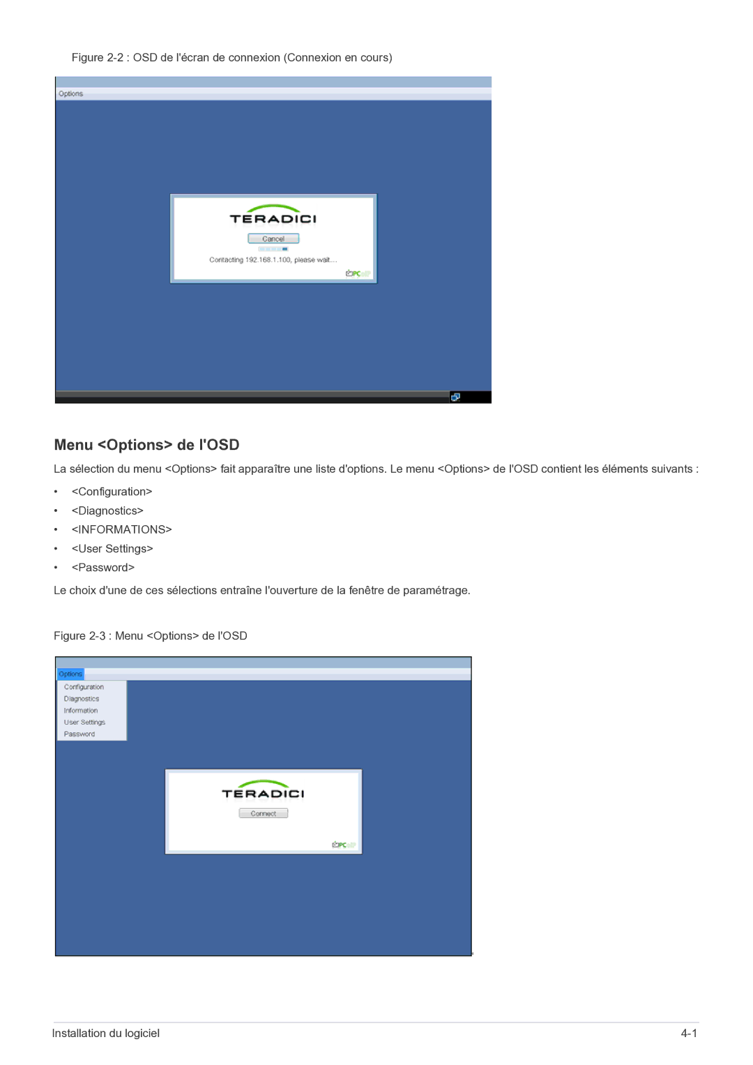 Samsung LF22NEBHBN/EN manual Menu Options de lOSD, OSD de lécran de connexion Connexion en cours 