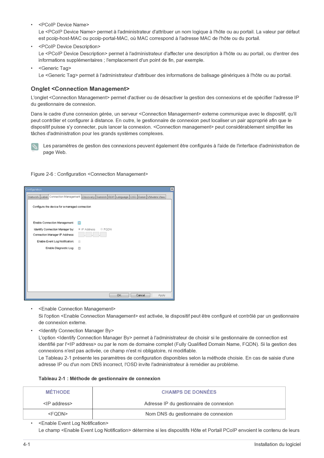 Samsung LF22NEBHBN/EN manual Onglet Connection Management, Tableau 2-1 Méthode de gestionnaire de connexion 