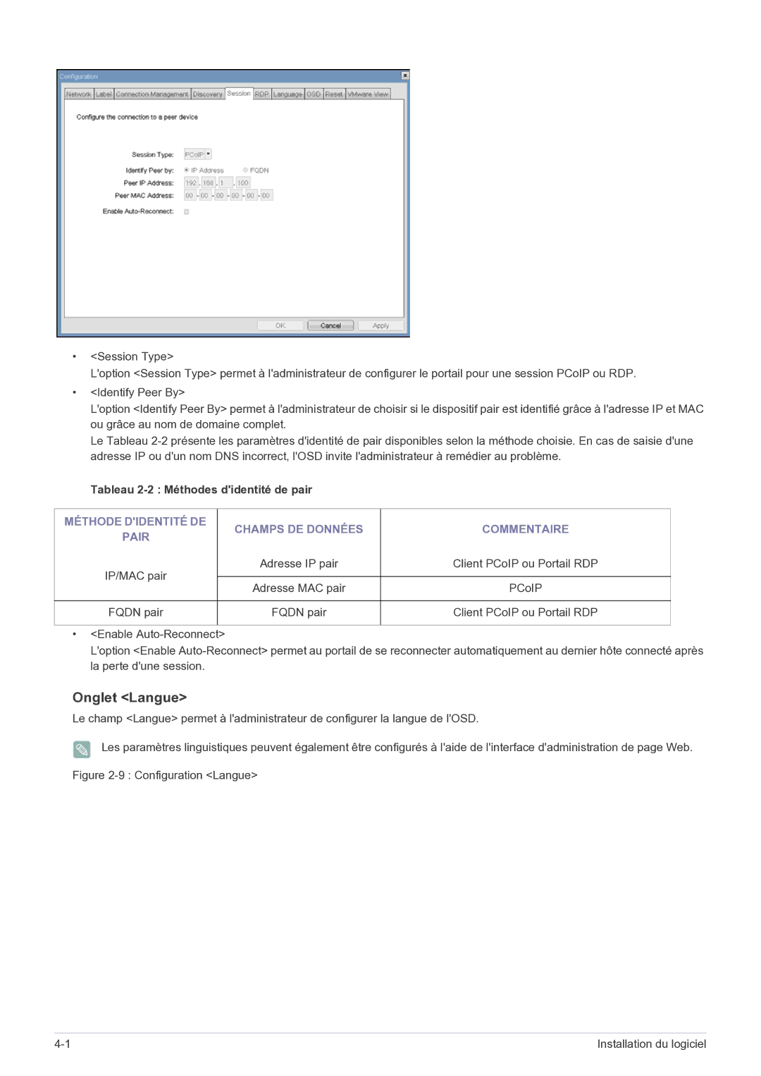 Samsung LF22NEBHBN/EN manual Onglet Langue, Tableau 2-2 Méthodes didentité de pair 